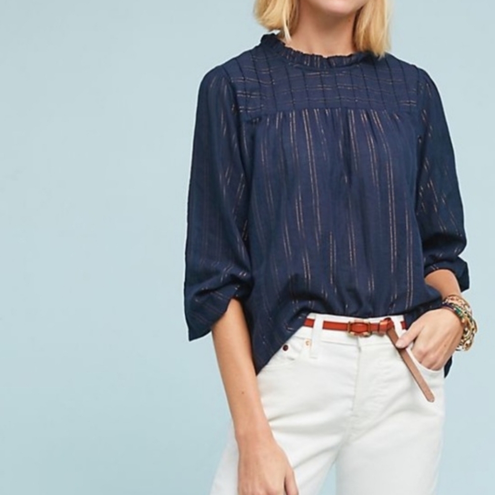 Anthropologie Maeve Reston Blouse | Navy Gold Metallic‎ Stripe Large, Like New!
